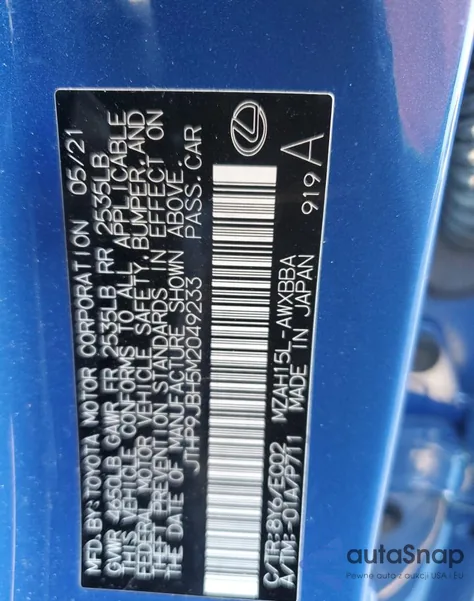 2021 Lexus Ux 250H из США, поврежденный, VIN JTHP9JBH5M2049233